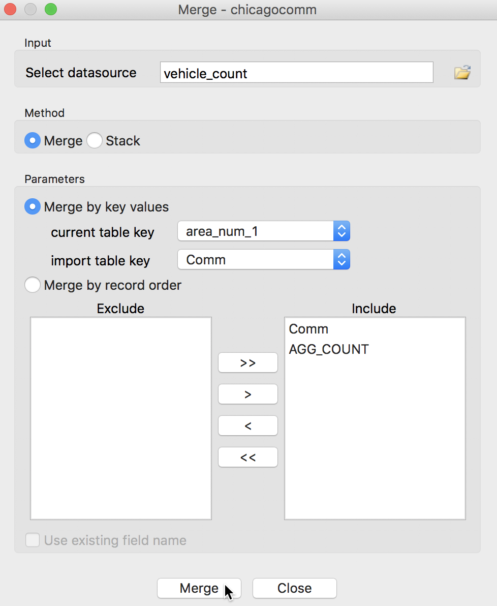 Merge Table Dialog for Vehicle Counts