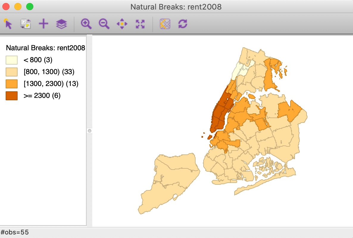 Natural breaks map for median rent in 2008