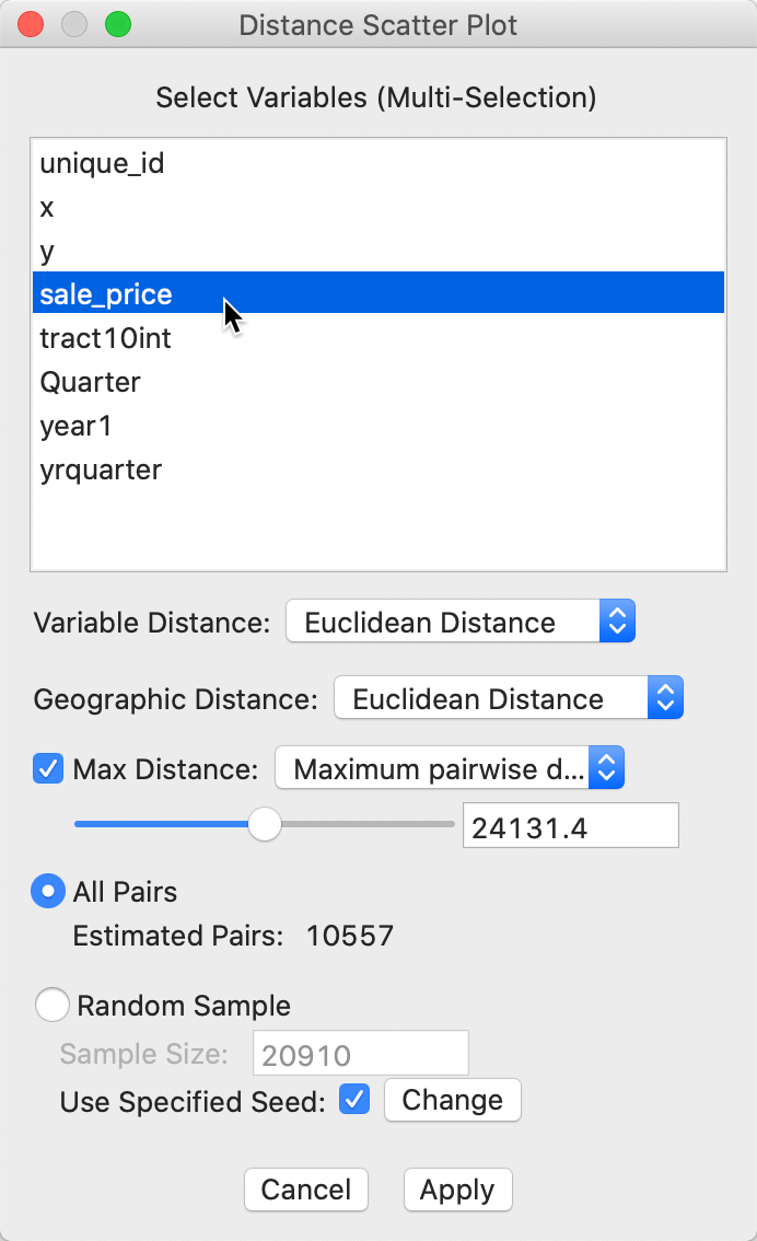 Distance scatter plot dialog