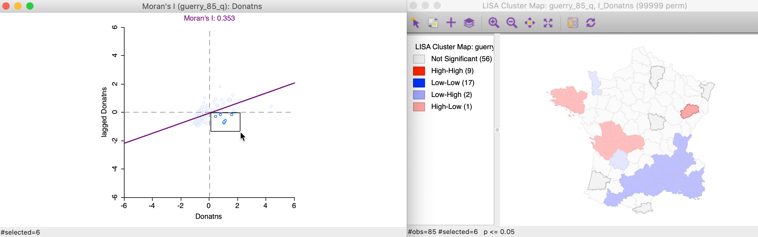 High-Low outlier locations in Moran scatter plot