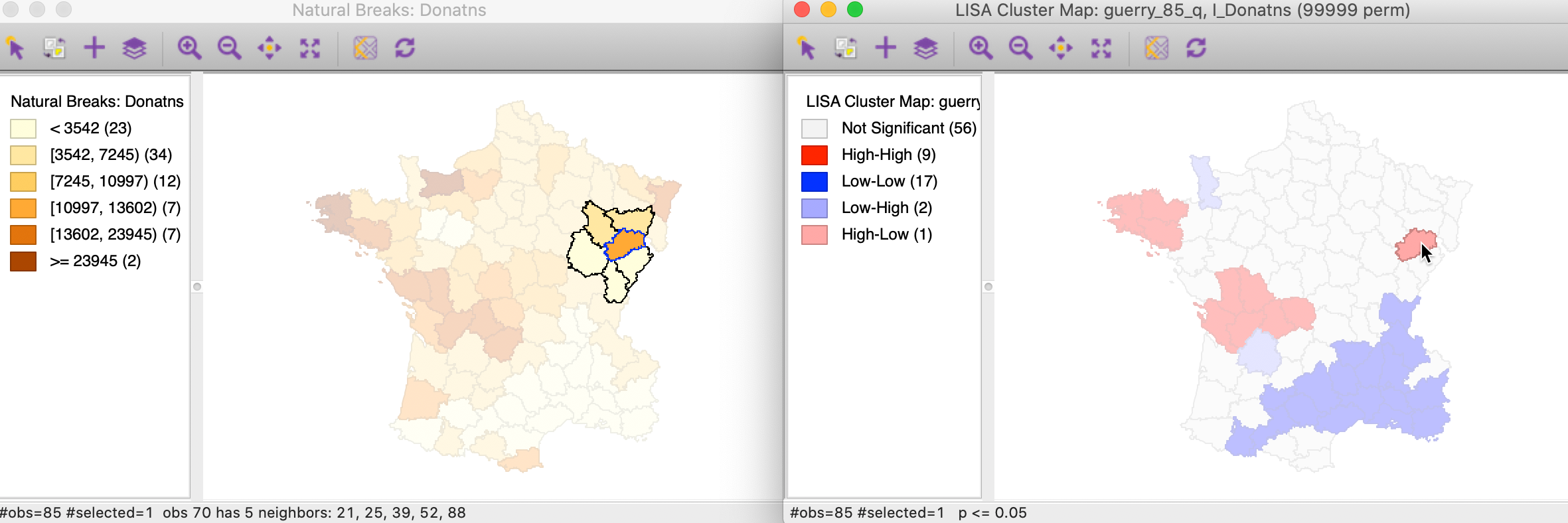 High-Low spatial outlier locations in map