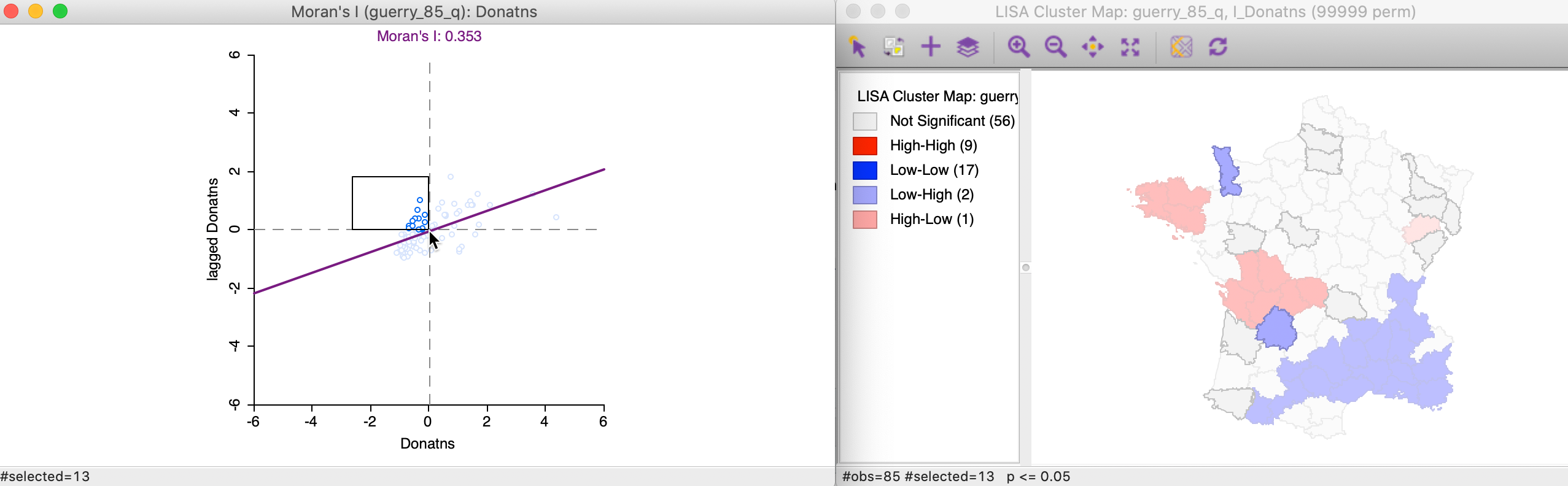 Low-High outlier locations in Moran scatter plot