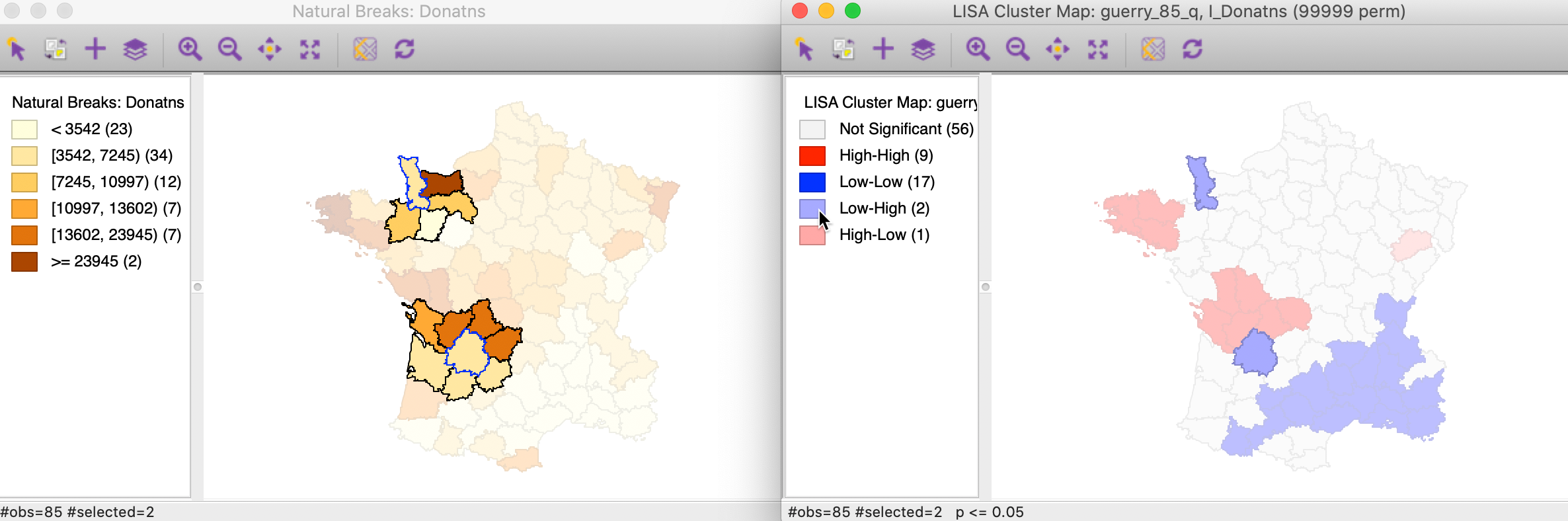 Low-High spatial outlier locations in map