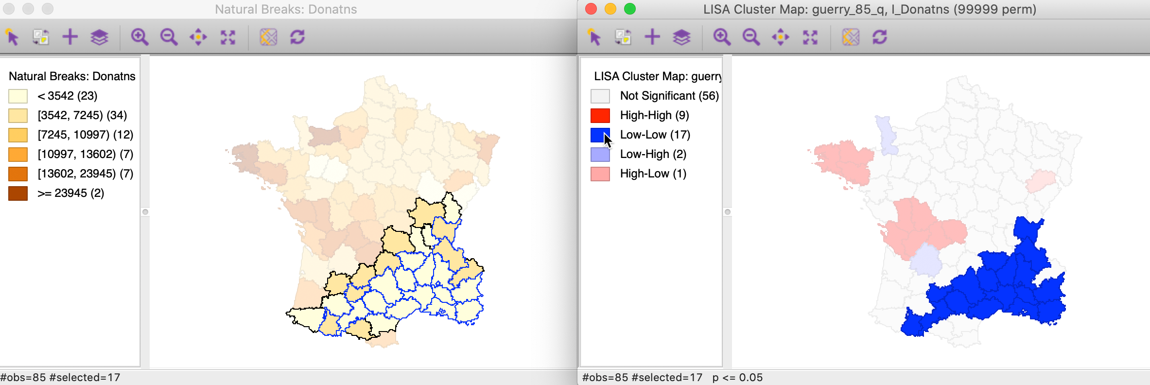 Low-Low cluster locations in map