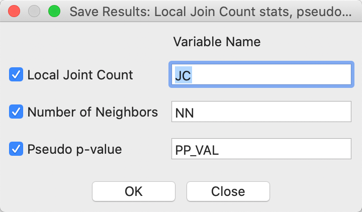 Local Join Count Save Results options