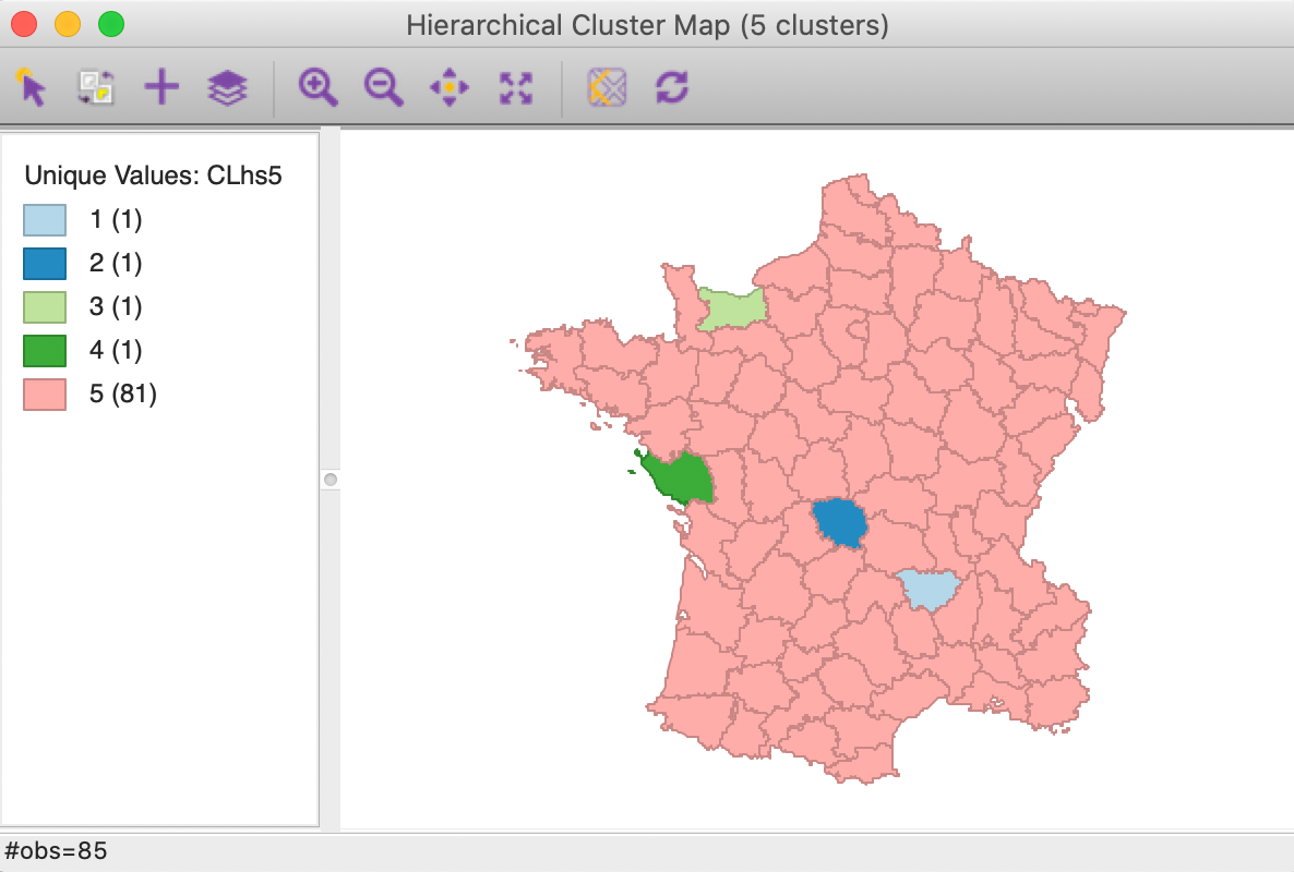 Hierarchical cluster map (single linkage, k=5)