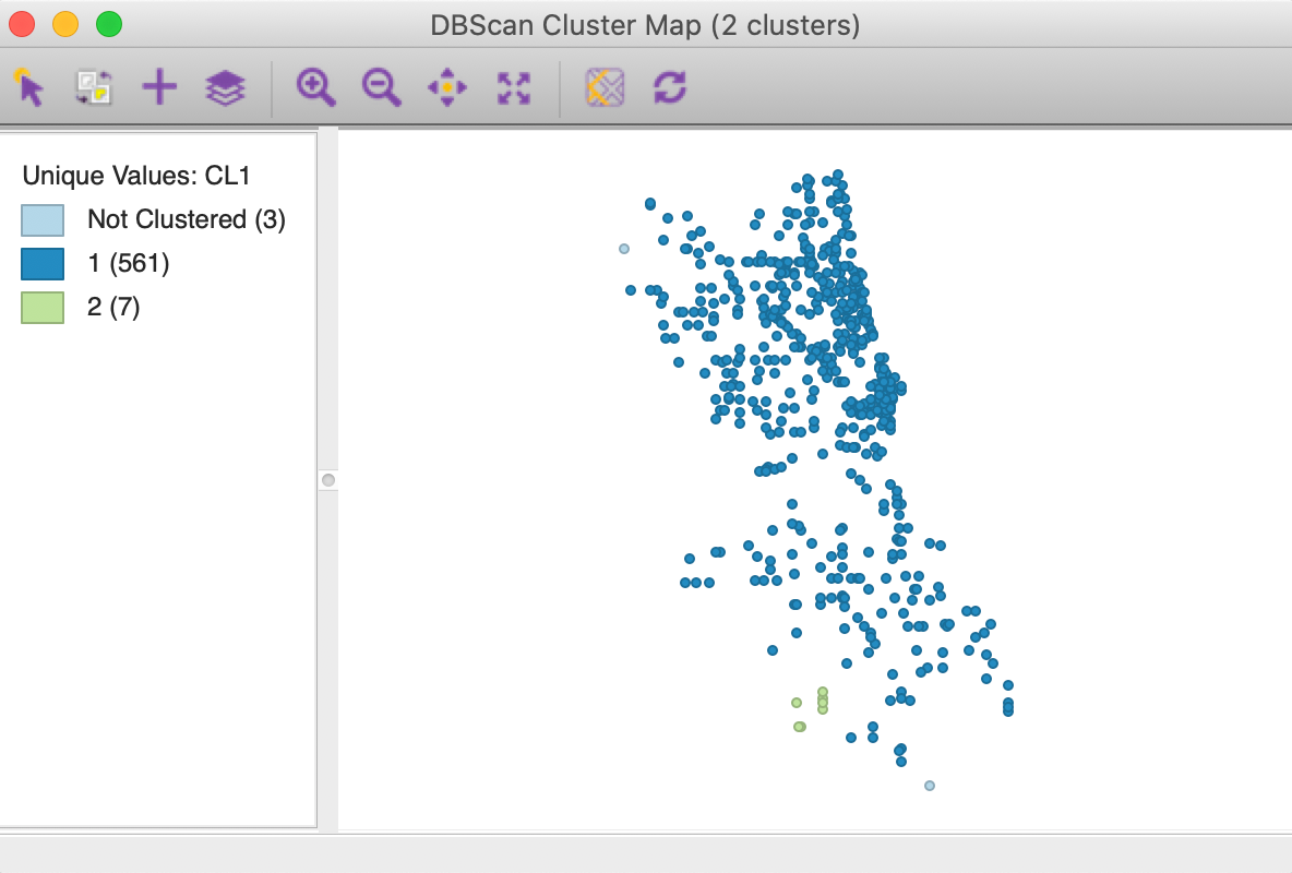 DBSCAN cluster map for default settings