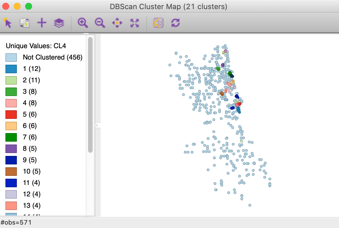 DBSCAN cluster map with d=1000 and MinPts = 4 