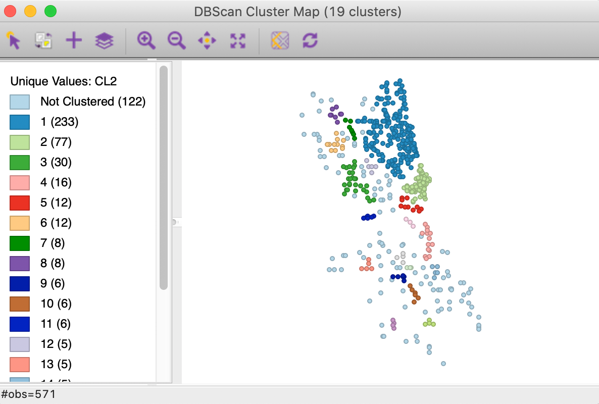 DBSCAN cluster map with d=3000 and MinPts = 4 
