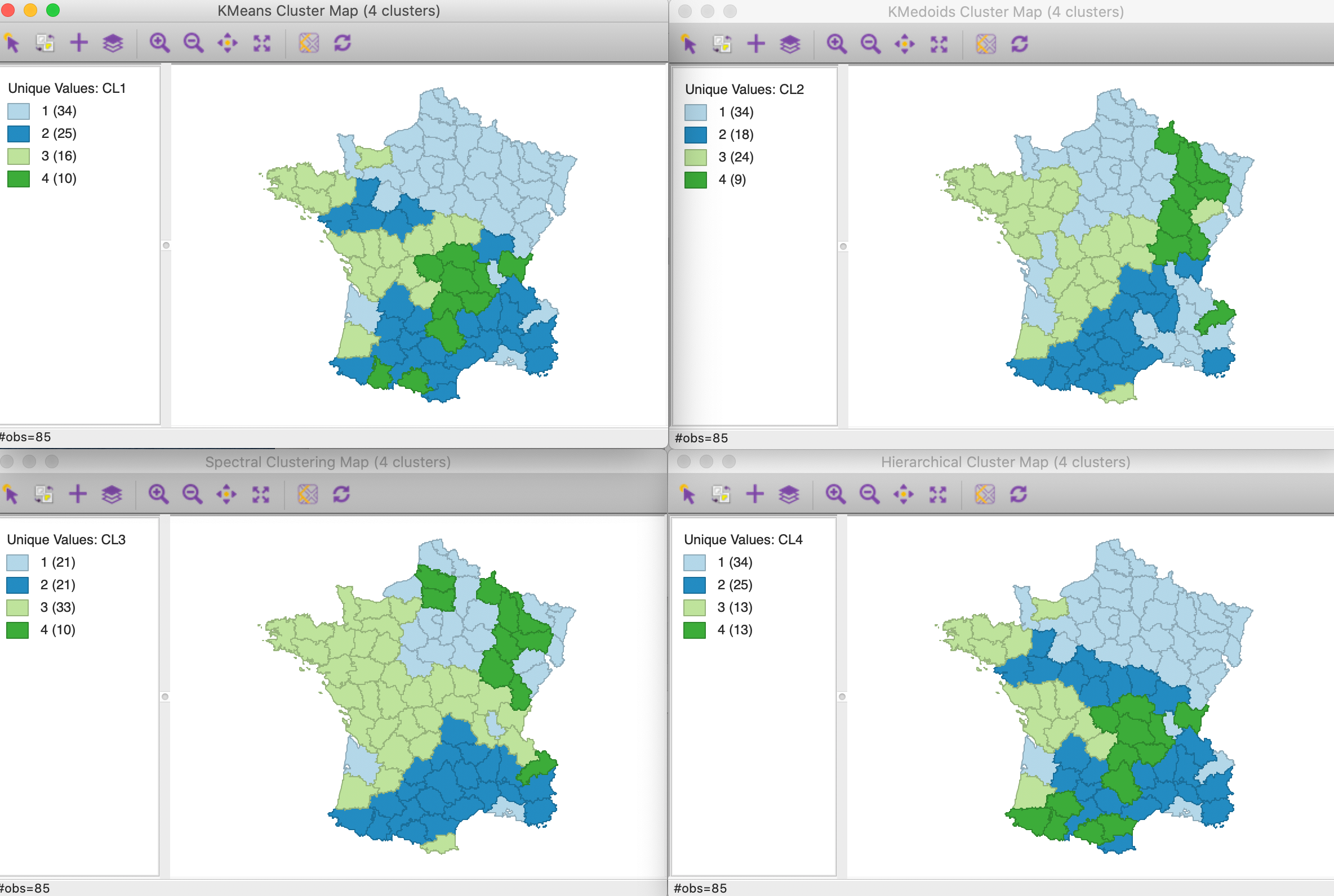 Cluster maps for six variables with k=4