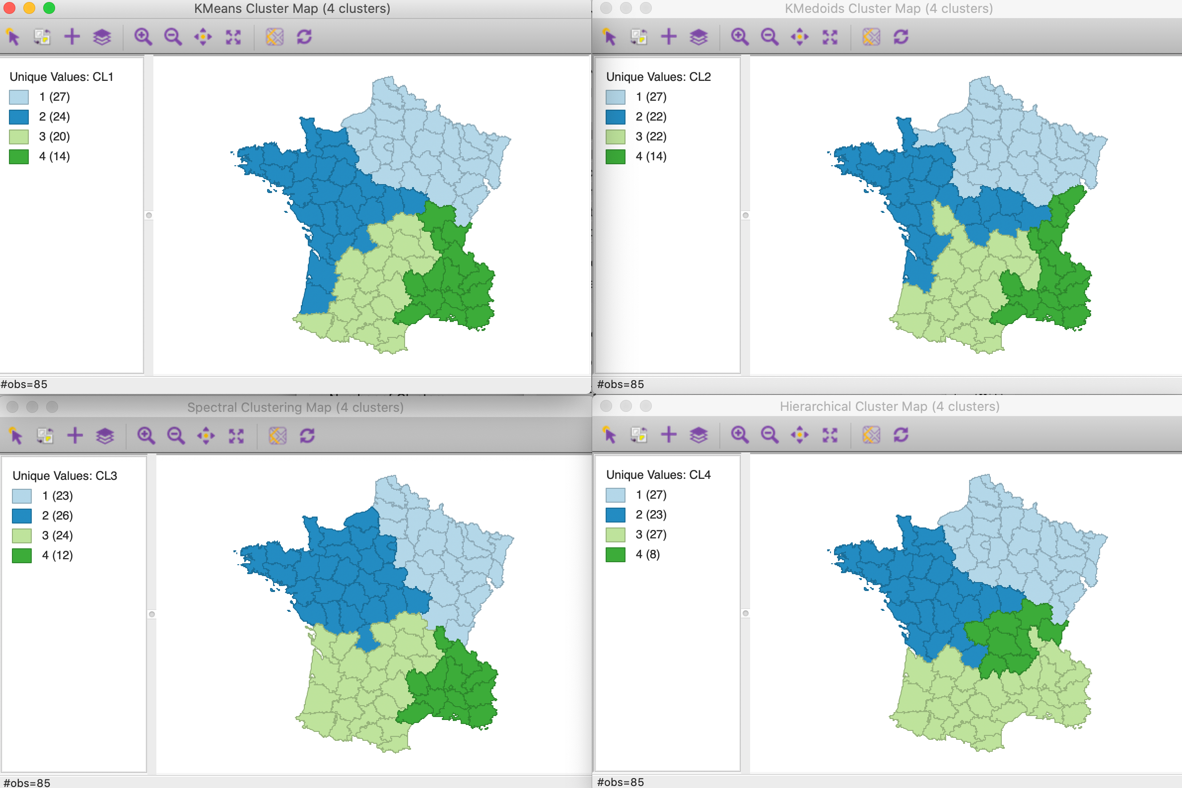 Cluster maps for six variables and optimal weights with k=4