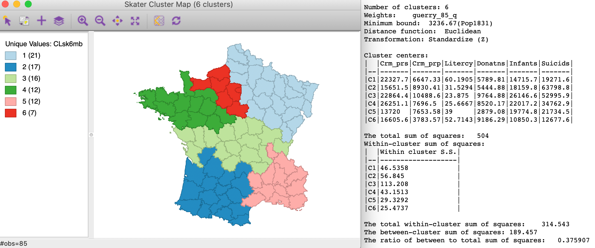 SKATER cluster map, min pop 10% (k=6)