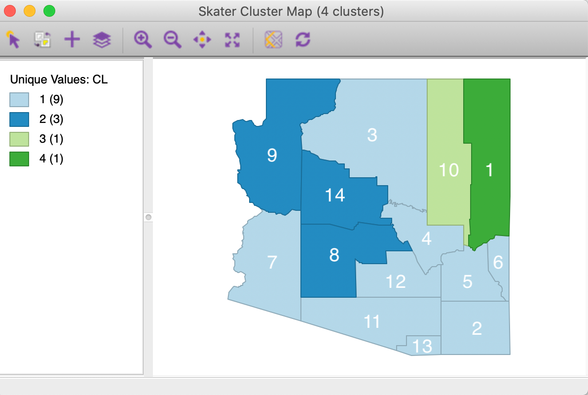 SKATER cluster map, k=4