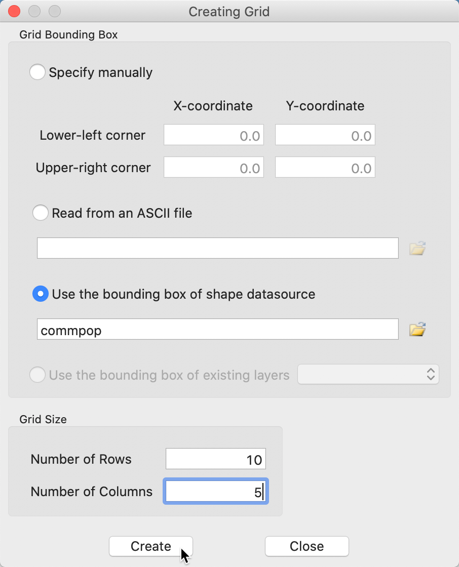 Grid creation dialog