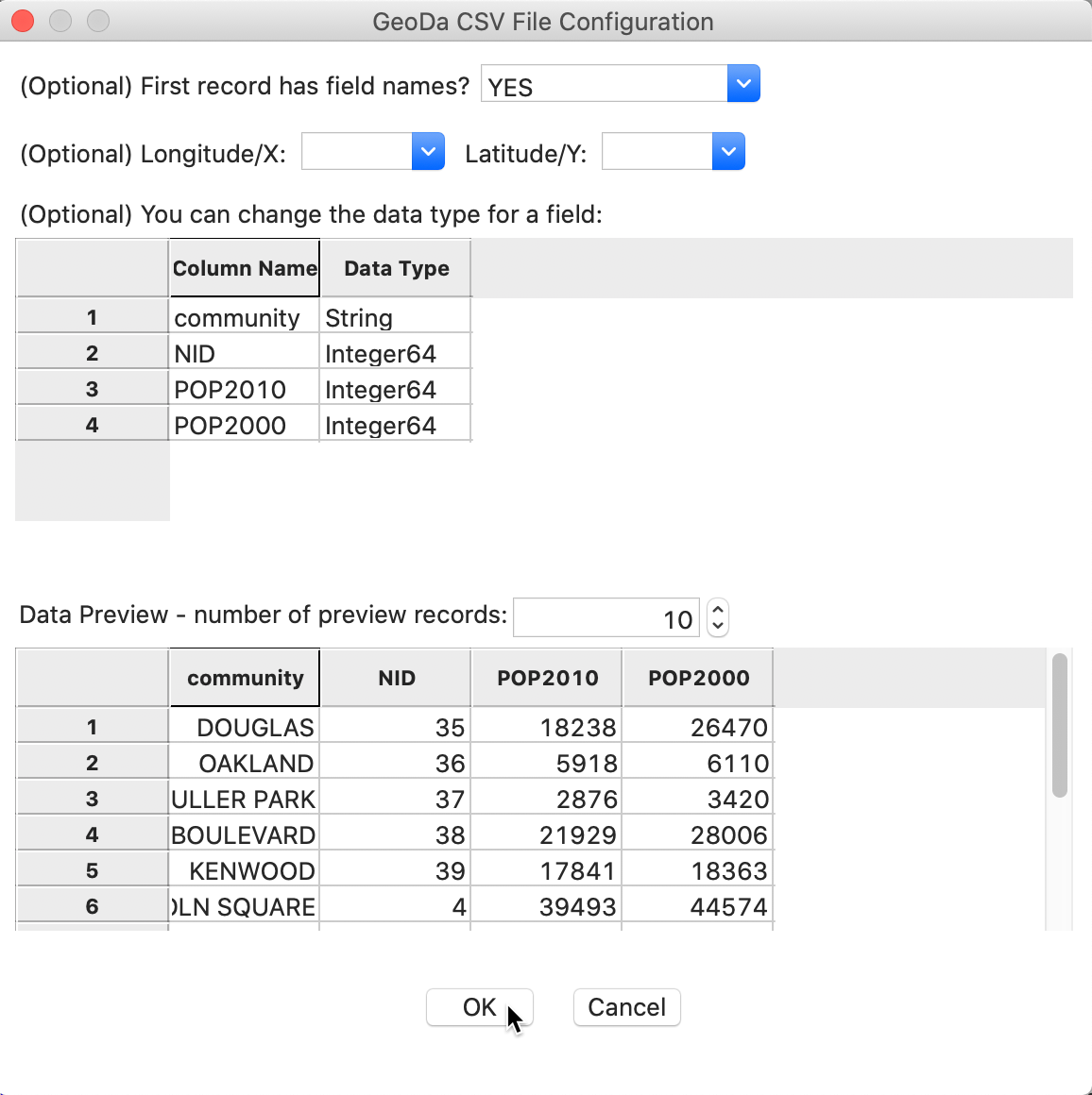 CSV format file input dialog