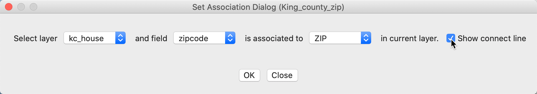 Set association dialog -- zip code zones