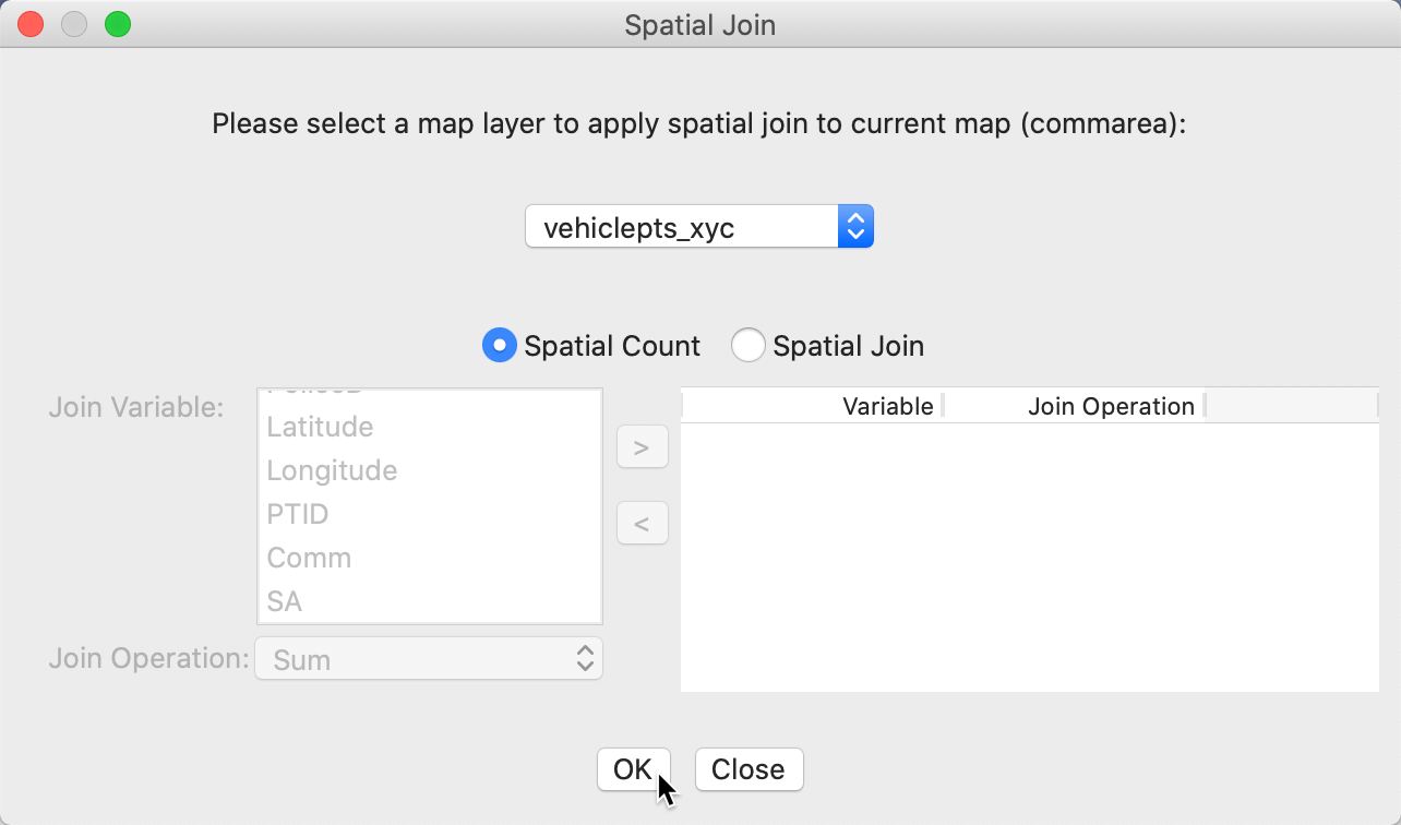 Spatial count dialog