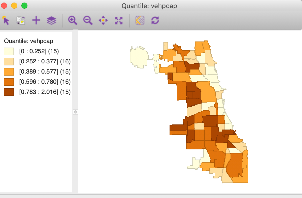 Quantile map for abandoned vehicles per capita