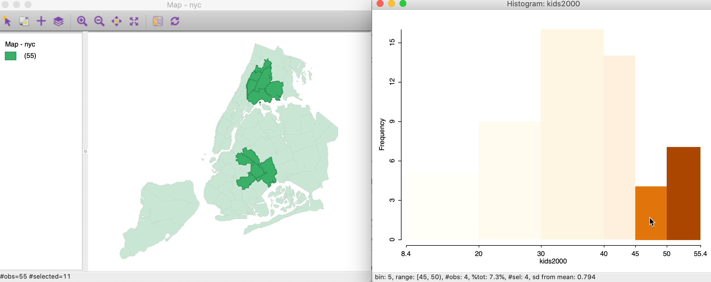 Linking a histogram and a map