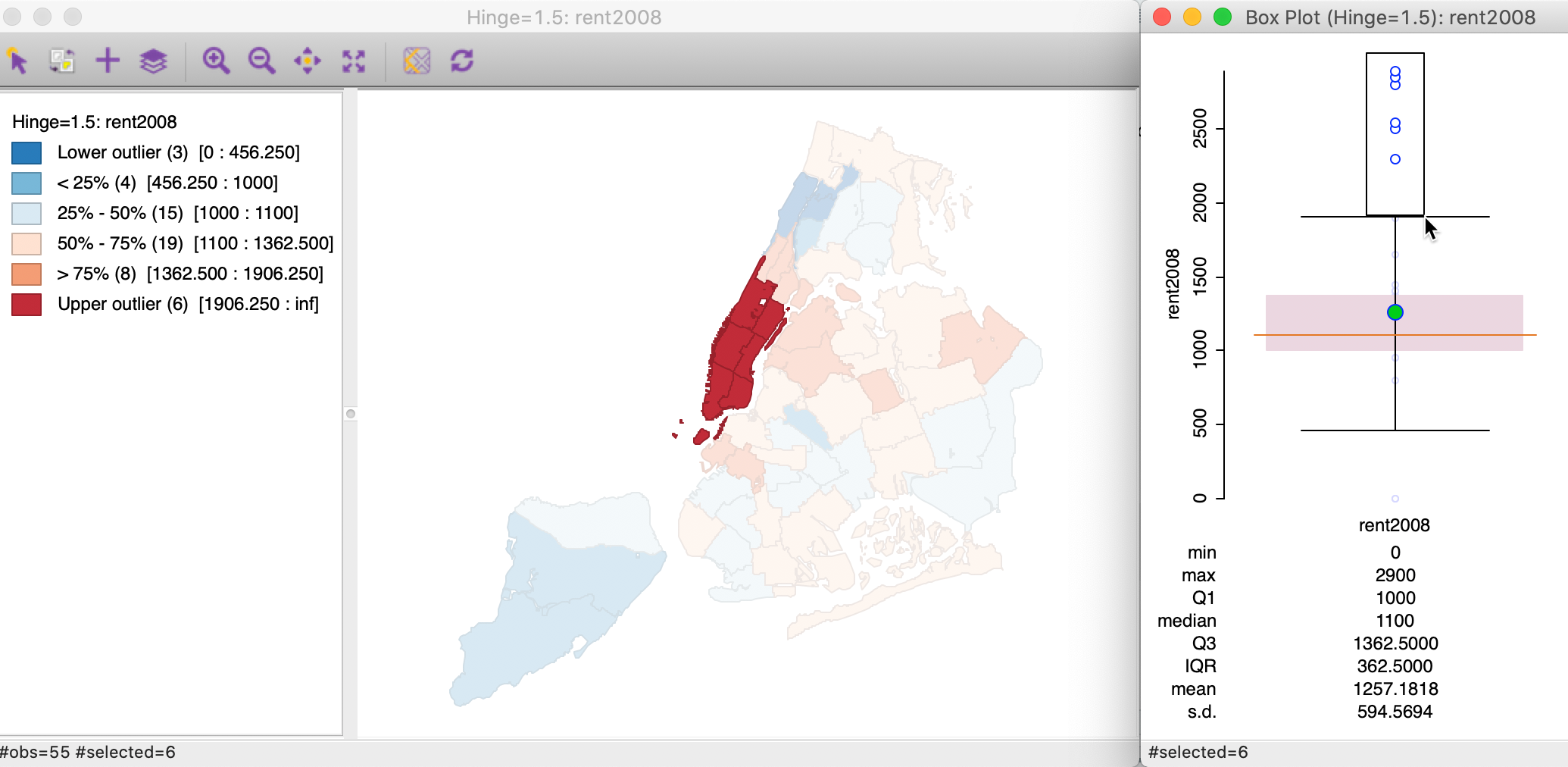 Outliers in box plot and box map