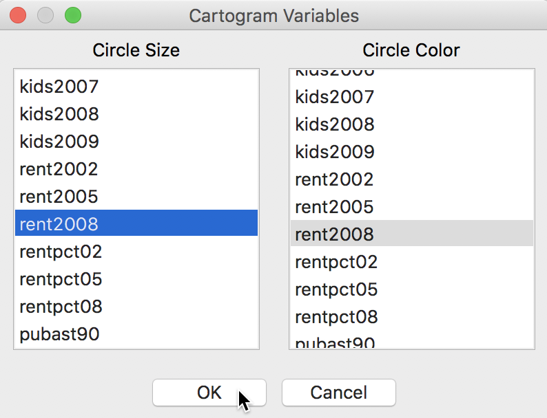 Cartogram variable selection