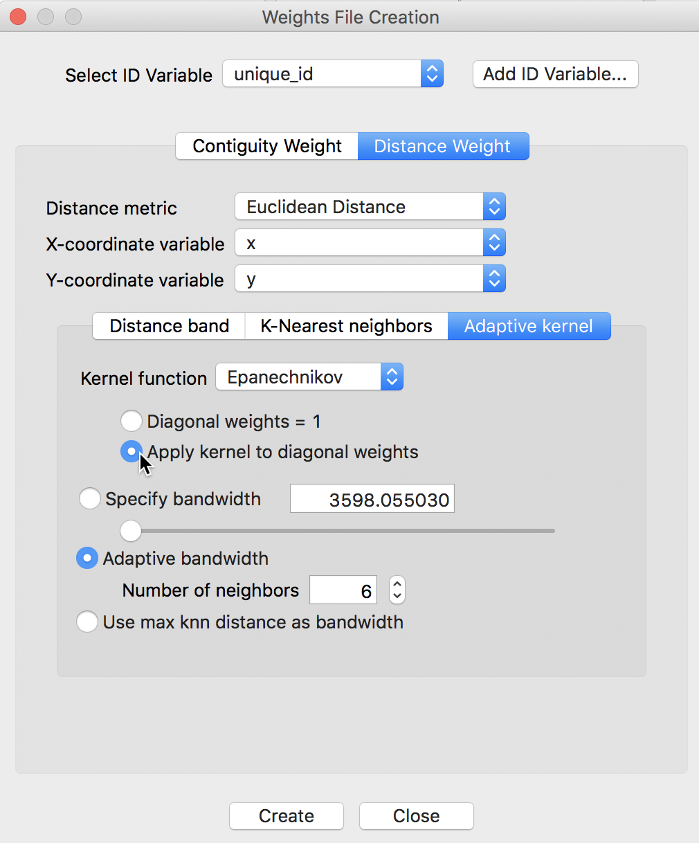 Epanechnikov kernel with diagonal option