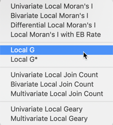 Getis-Ord statistics from cluster maps toolbar options