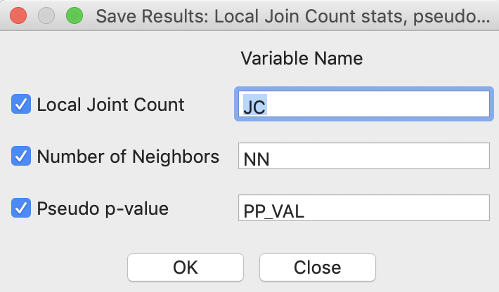 Local Join Count Save Results options