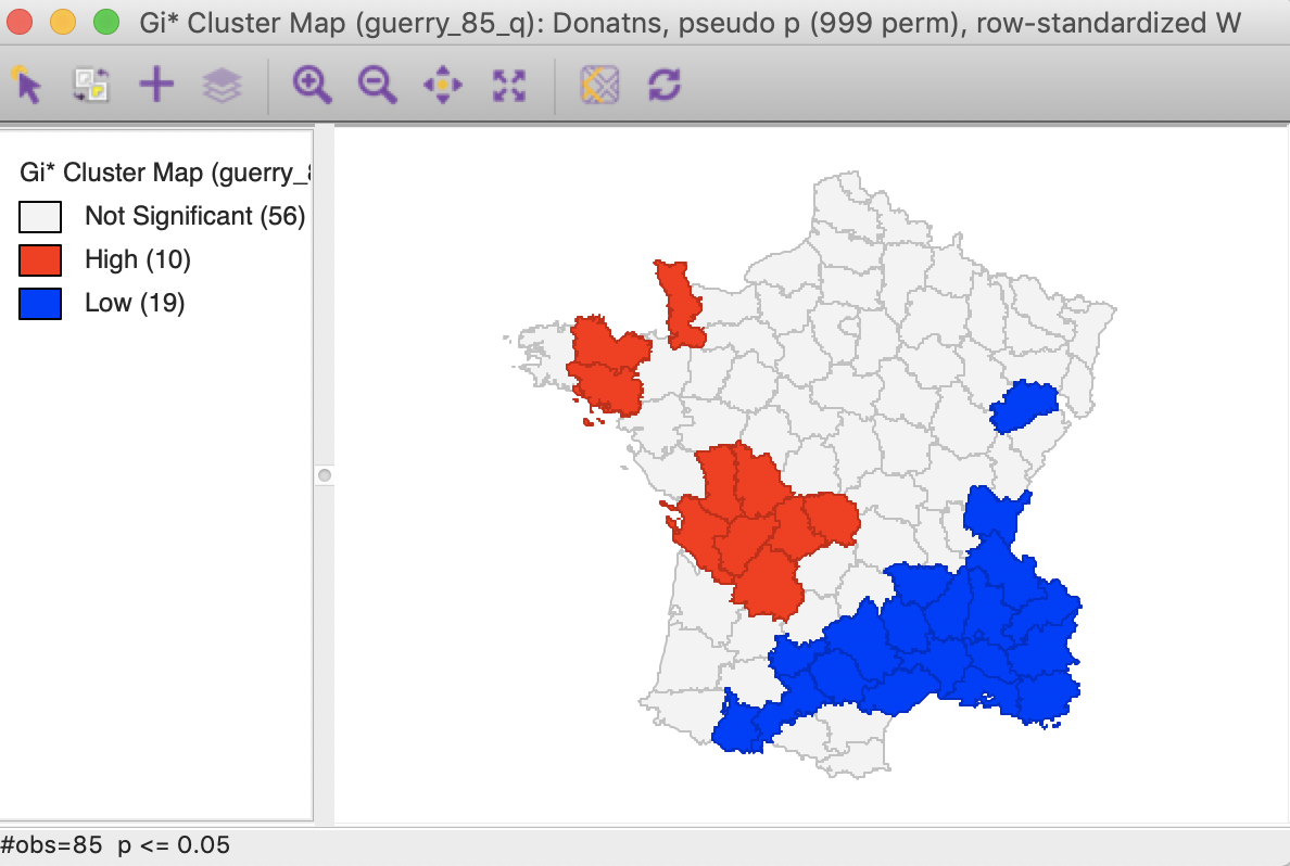 Gi* statistic default cluster map (999 permutations)