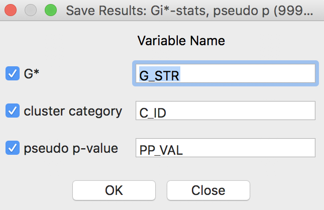 Getis-Ord statistics Save Results options