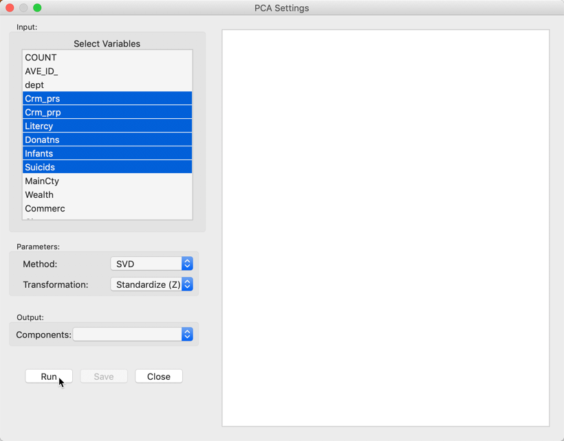 PCA Settings panel