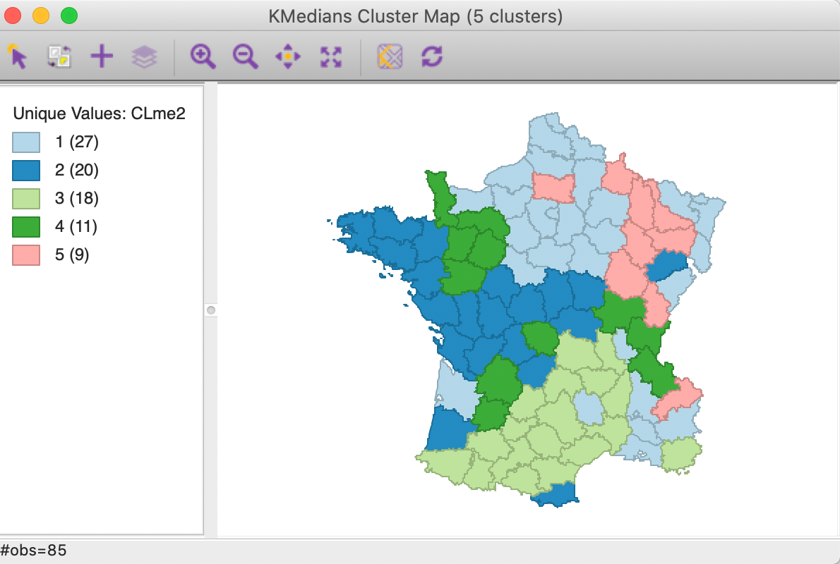 K Medians cluster map - MAD standardization (k=5)