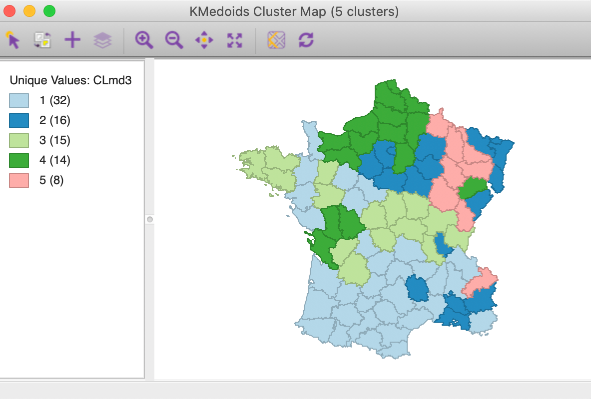 K Medoids CLARANS cluster map (k=5)