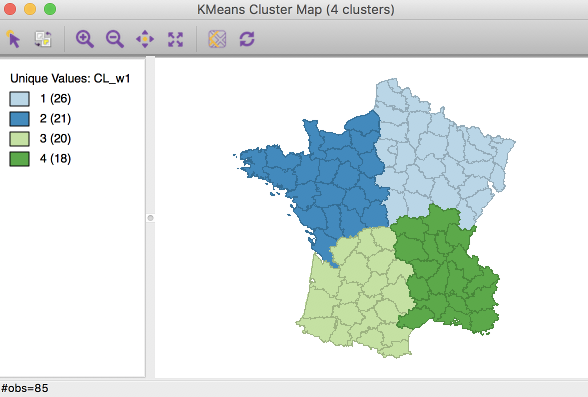 Weighted K Means cluster map (w=1,k=4)