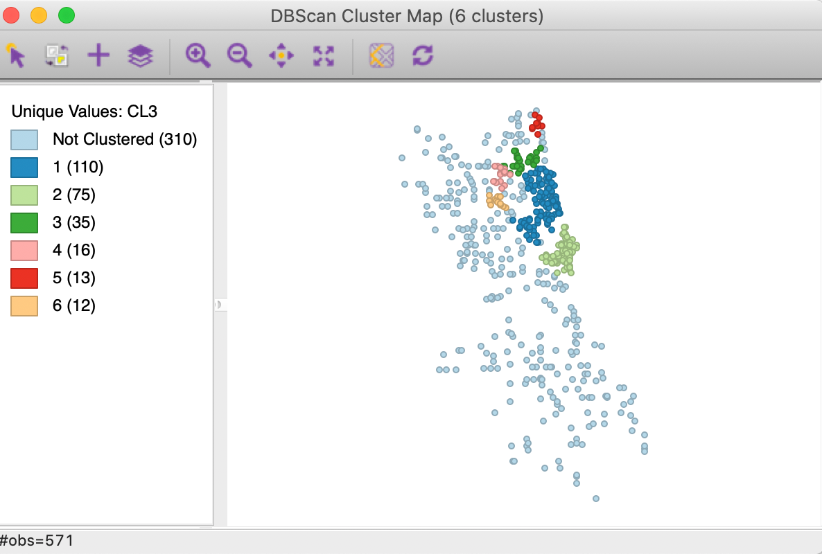DBSCAN cluster map with d=3000 and MinPts = 10 