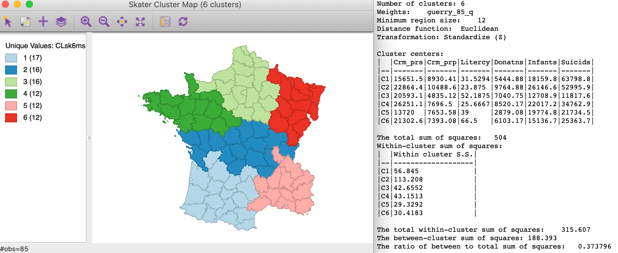 SKATER cluster map, min size 12 (k=6)